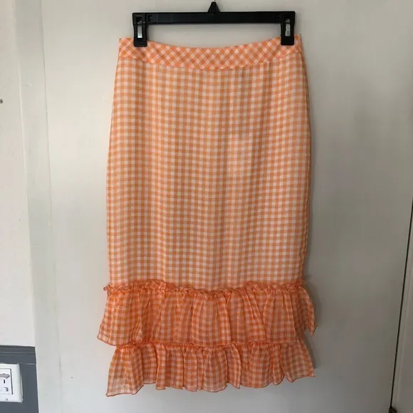 NWT LPA Gingham High Waist Ruffle Plaid Check Orange Skirt Size M