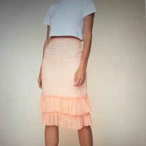 NWT LPA Gingham High Waist Ruffle Plaid Check Orange Skirt Size M