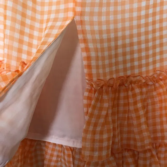 NWT LPA Gingham High Waist Ruffle Plaid Check Orange Skirt Size M
