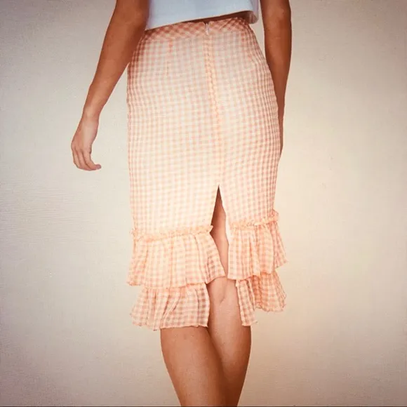 NWT LPA Gingham High Waist Ruffle Plaid Check Orange Skirt Size M