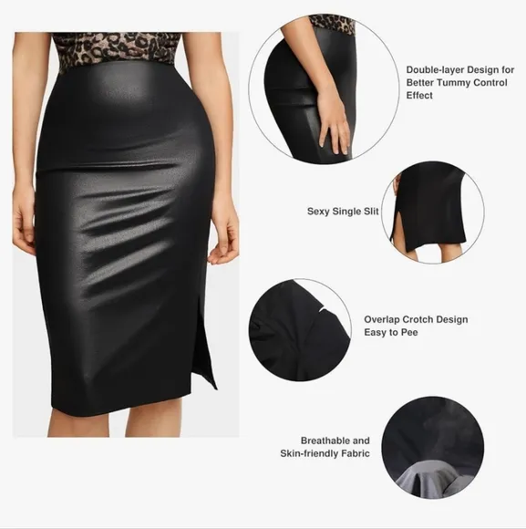 NWT Popilush Shapewear Sculpting Black Faux Leather Front Slit Midi Skirt 14/16