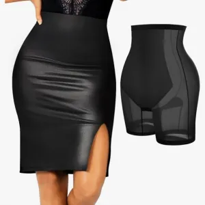 NWT Popilush Shapewear Sculpting Black Faux Leather Front Slit Midi Skirt 14/16