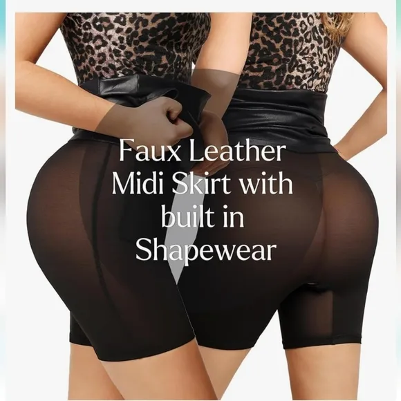 NWT Popilush Shapewear Sculpting Black Faux Leather Front Slit Midi Skirt 14/16
