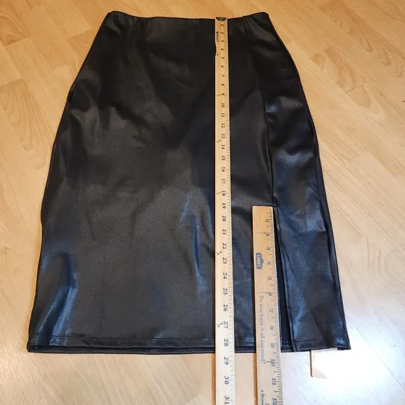 NWT Popilush Shapewear Sculpting Black Faux Leather Front Slit Midi Skirt 14/16