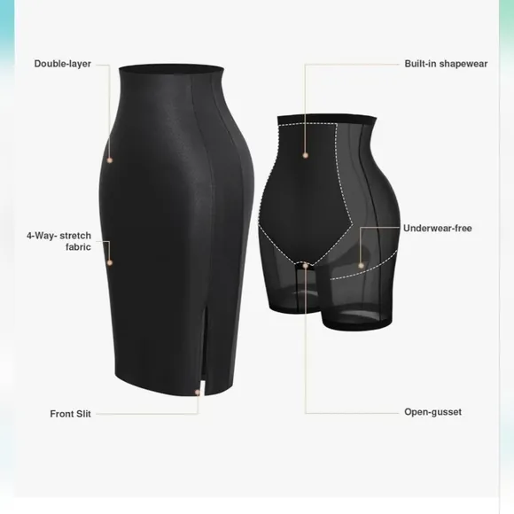 NWT Popilush Shapewear Sculpting Black Faux Leather Front Slit Midi Skirt 14/16
