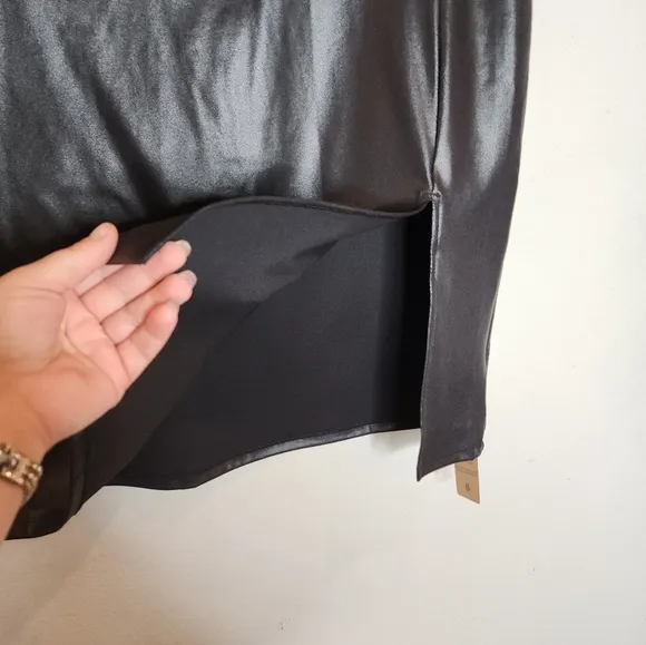 NWT Popilush Shapewear Sculpting Black Faux Leather Front Slit Midi Skirt 14/16