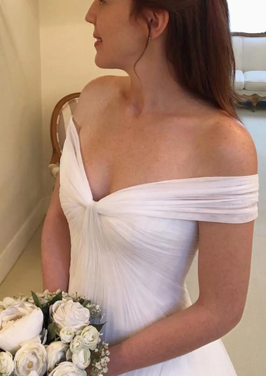 Off Shoulder Knot Open V Neck Sweep Tulle A-line Bridal Dress, Pleats