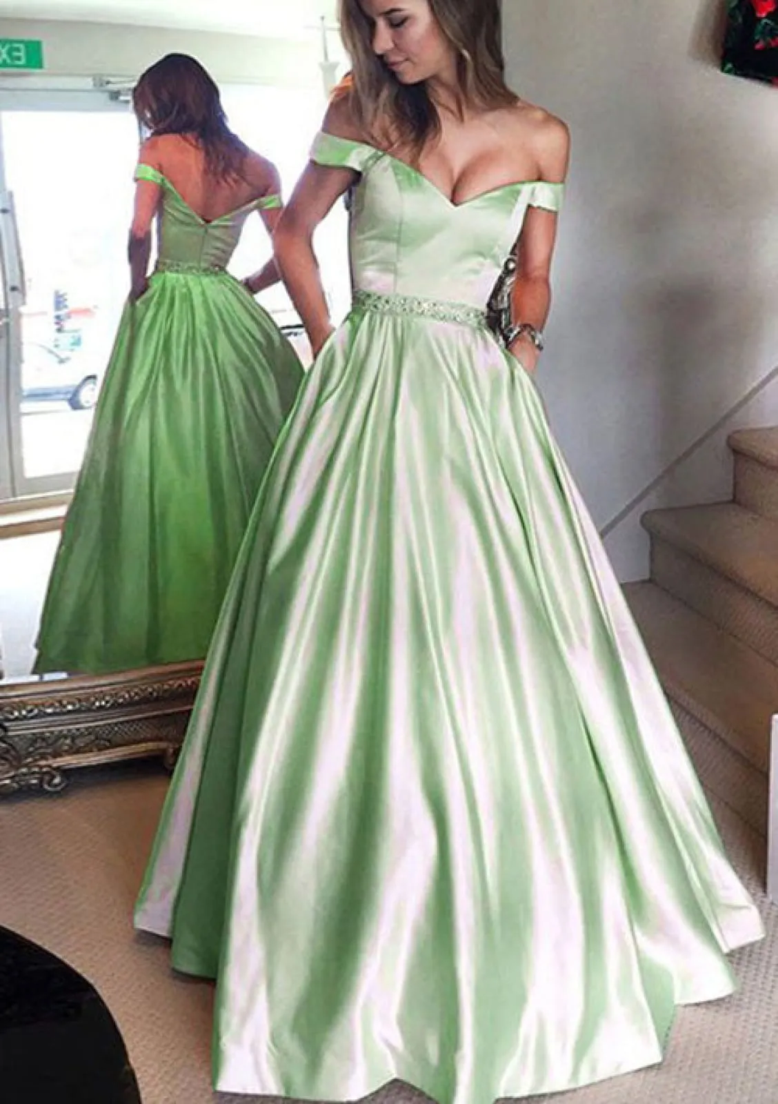 Off Shoulder Long Satin Formal Ball Gown Evening Prom Dress, Beaded