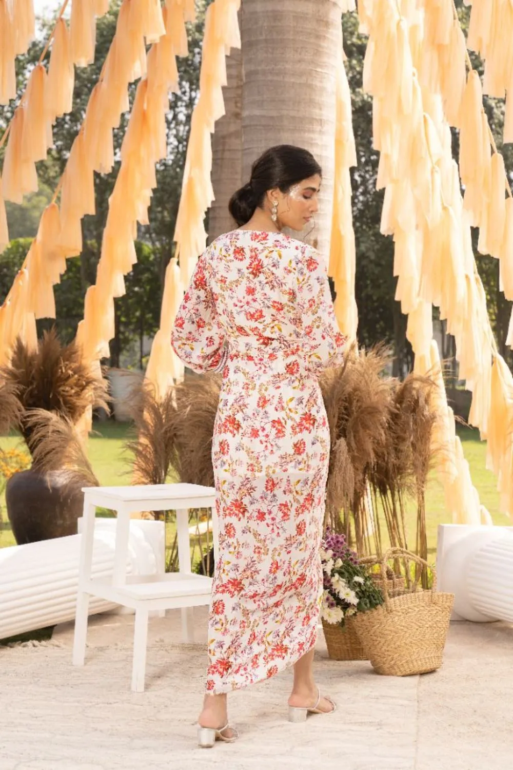 Off White Printed Draped Dress