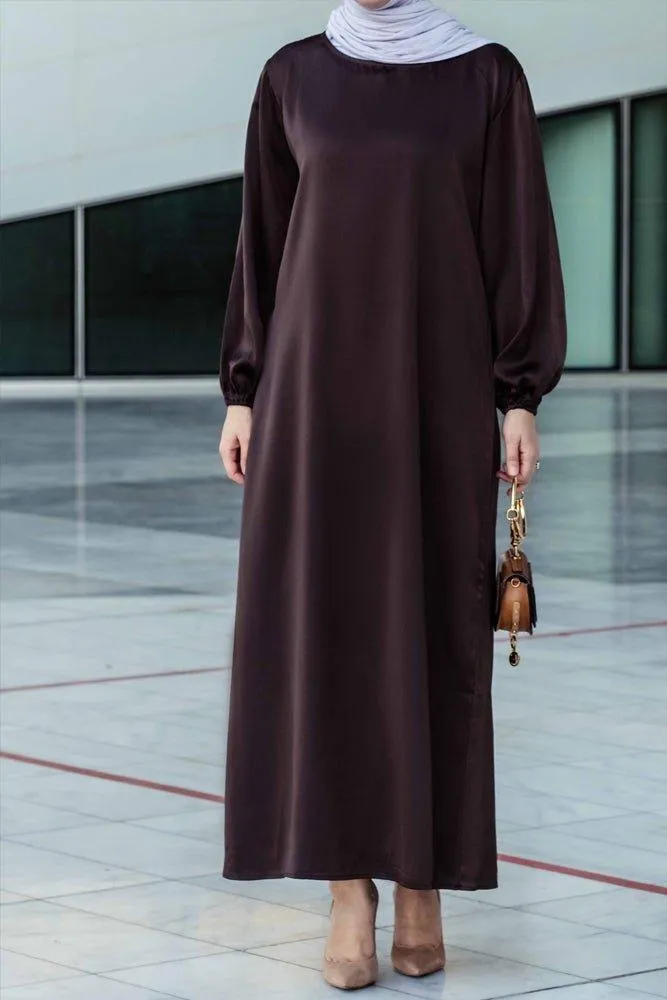 Ohlivia maxi abaya dress with detached apron elasticated sleeve like tie waist piece in satin dark chocolate