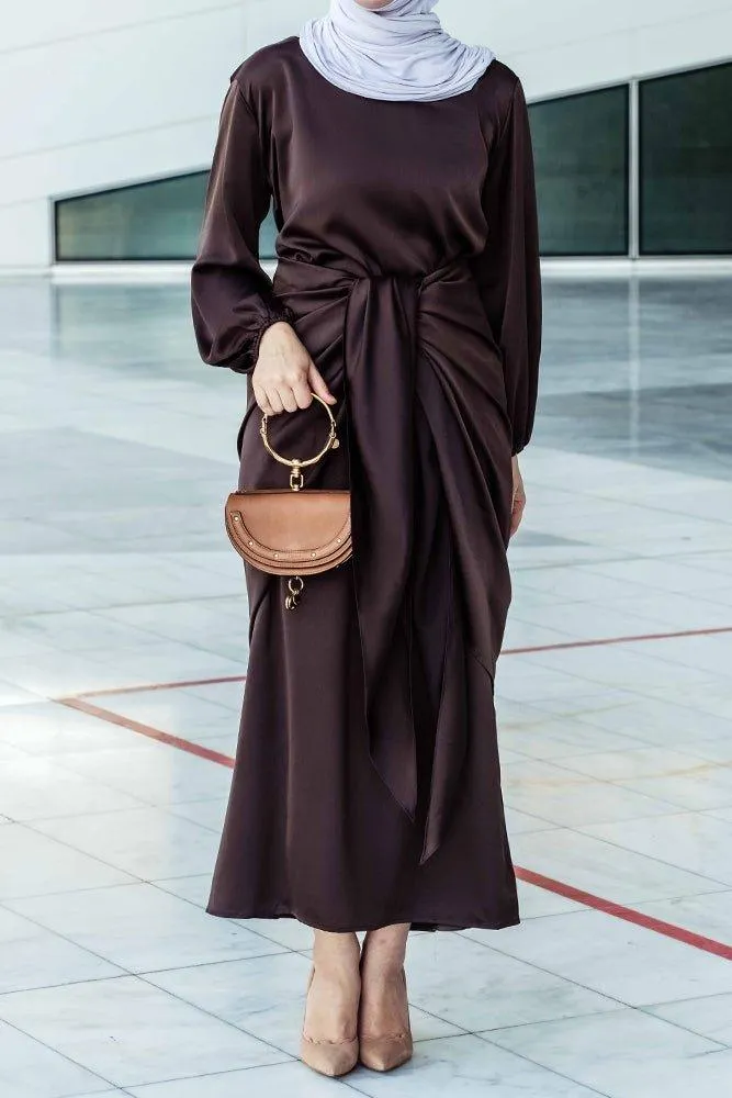 Ohlivia maxi abaya dress with detached apron elasticated sleeve like tie waist piece in satin dark chocolate