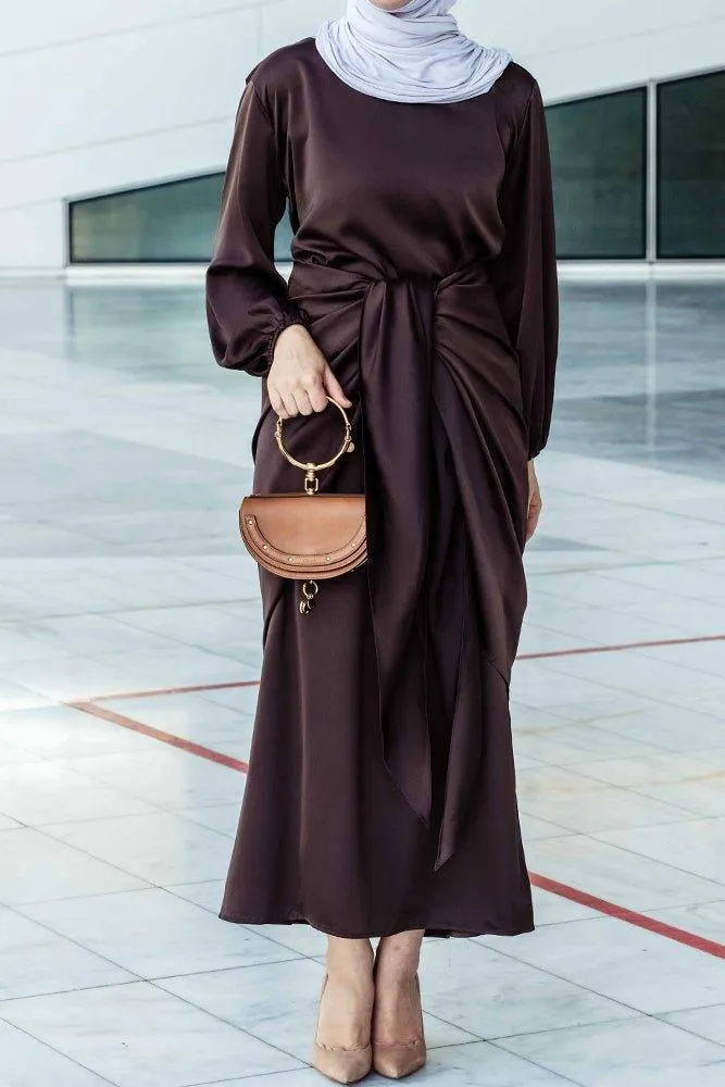Ohlivia maxi abaya dress with detached apron elasticated sleeve like tie waist piece in satin dark chocolate