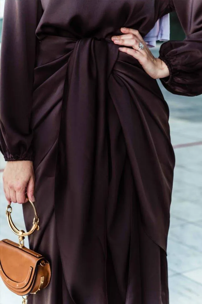 Ohlivia maxi abaya dress with detached apron elasticated sleeve like tie waist piece in satin dark chocolate