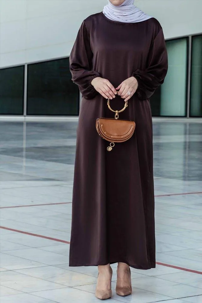 Ohlivia maxi abaya dress with detached apron elasticated sleeve like tie waist piece in satin dark chocolate