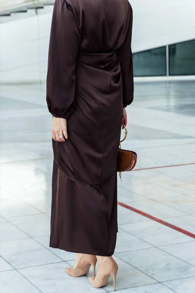 Ohlivia maxi abaya dress with detached apron elasticated sleeve like tie waist piece in satin dark chocolate