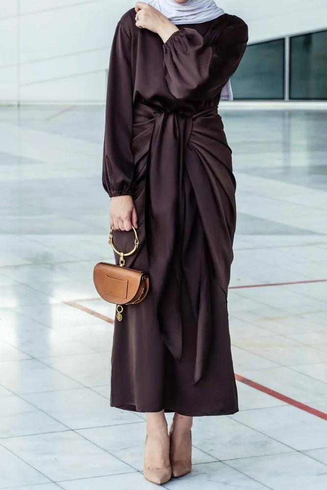 Ohlivia maxi abaya dress with detached apron elasticated sleeve like tie waist piece in satin dark chocolate