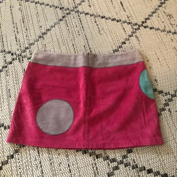 Olly London Pink Leather Mini Skirt with Circle Patches Size 10
