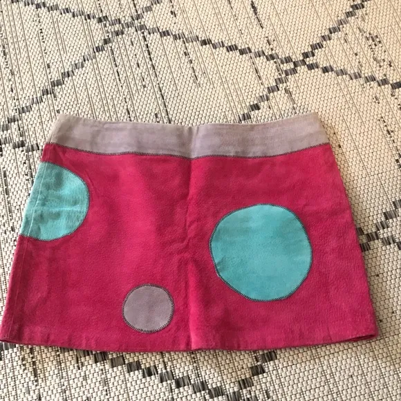 Olly London Pink Leather Mini Skirt with Circle Patches Size 10