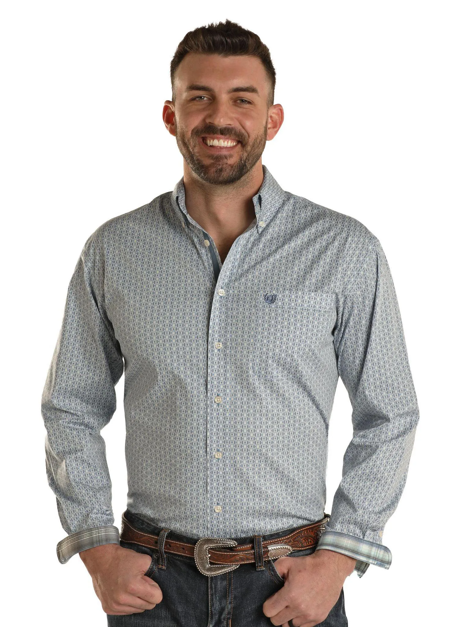 PANHANDLE ROUGH STOCK BLUE LONG SLEEVE BUTTON MENS SHIRT