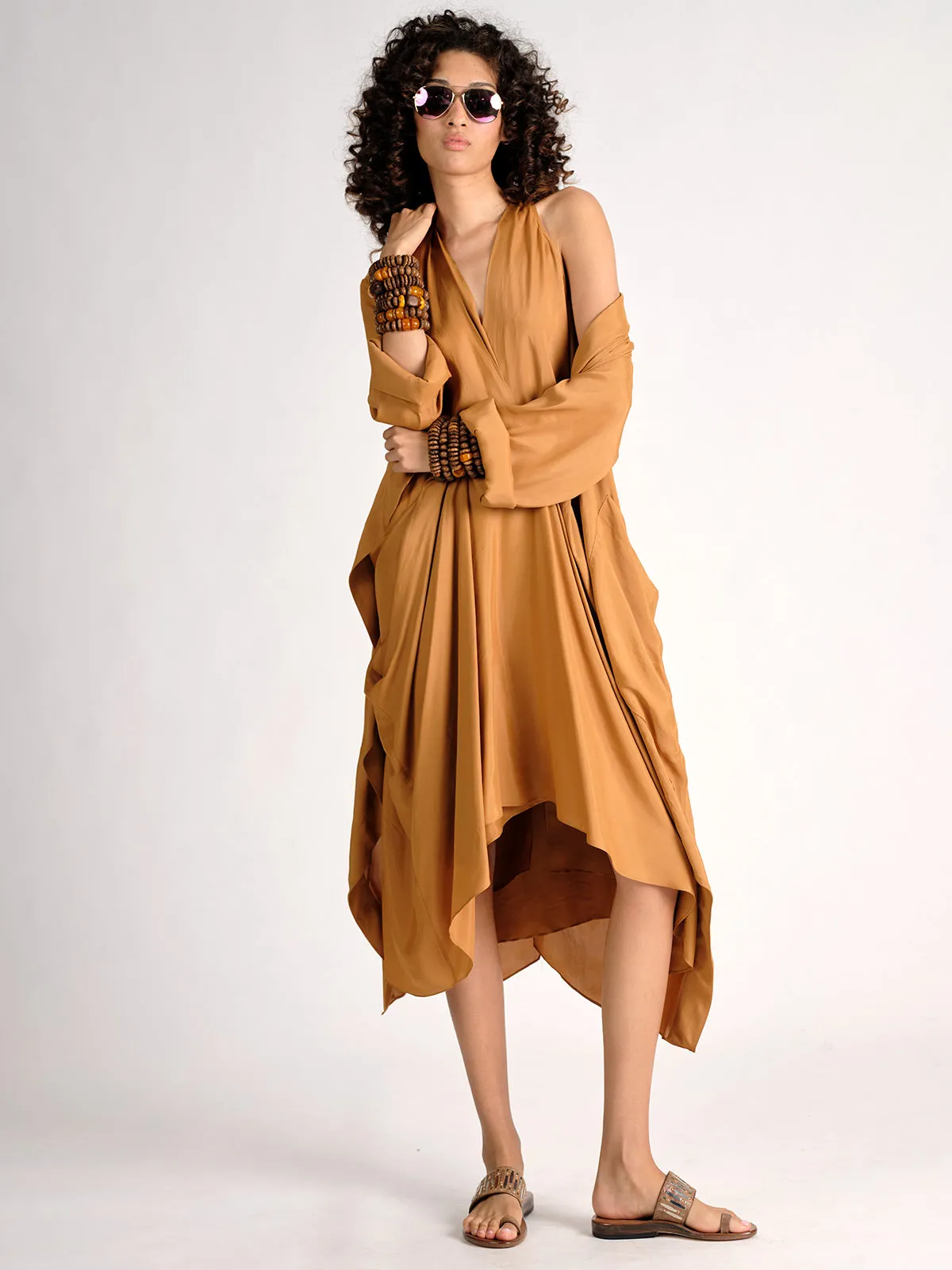 Parachute Silk V Neck Draped Dress - Ochre