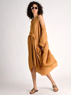 Parachute Silk V Neck Draped Dress - Ochre