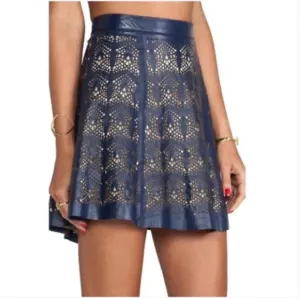Parker Filomena Leather Laser Cut Skirt in Dark Navy
