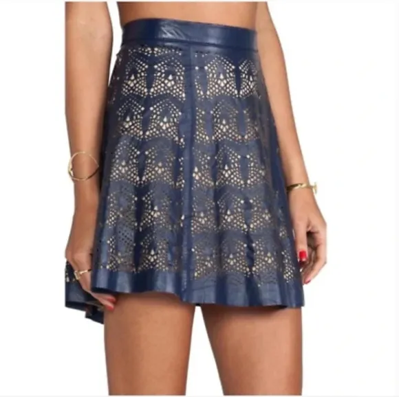 Parker Filomena Leather Laser Cut Skirt in Dark Navy