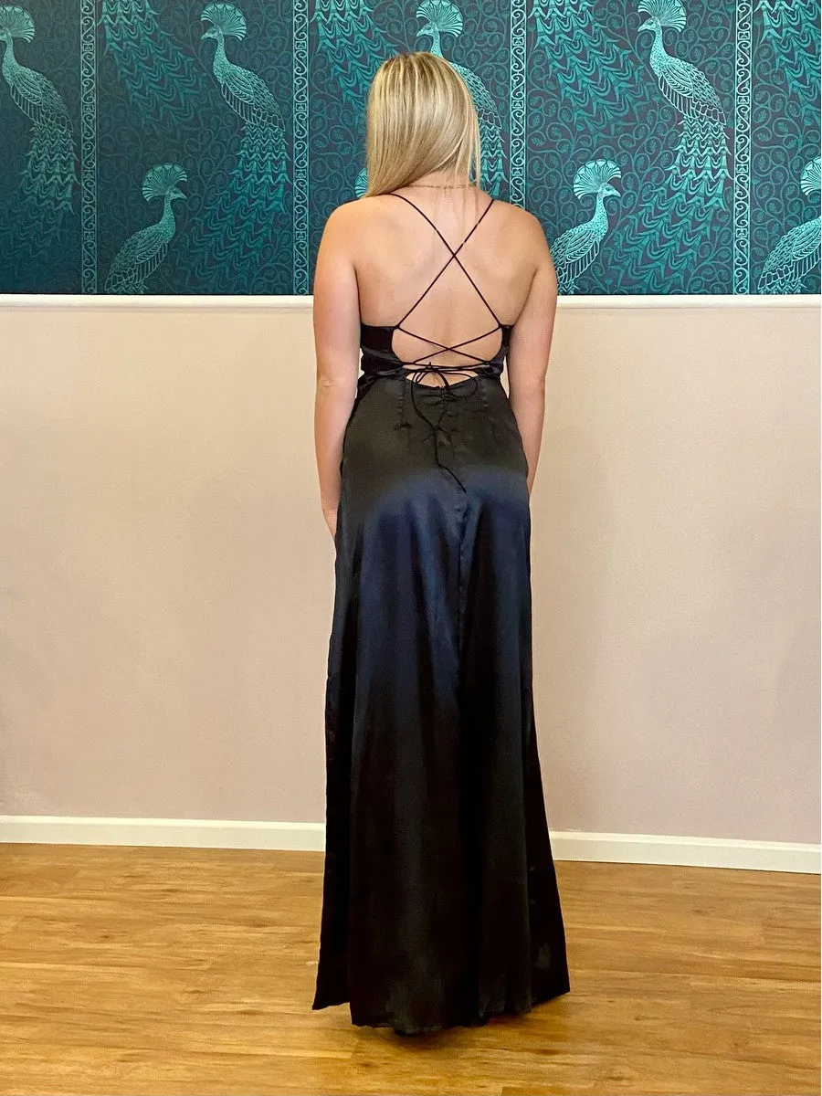 Patrina black satin corset open back ball dress Express NZ wide