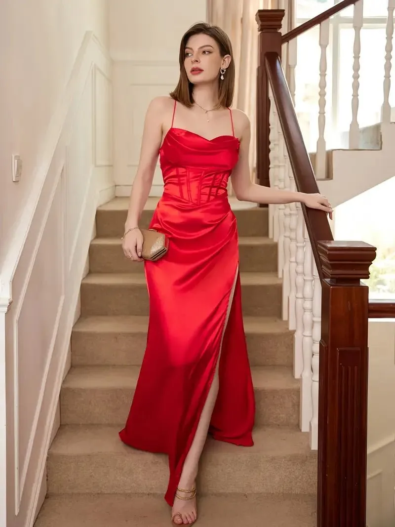Patrina bright red satin corset open back ball dress s12 Express NZ wide