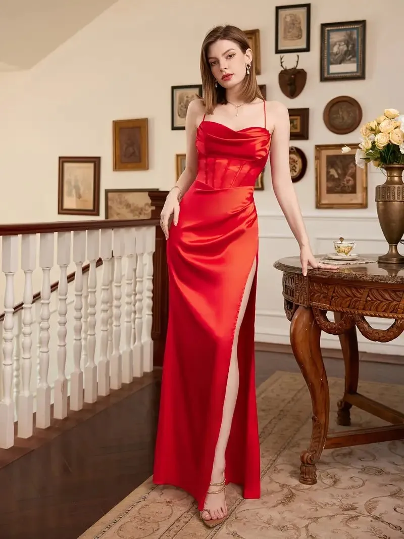 Patrina bright red satin corset open back ball dress s12 Express NZ wide