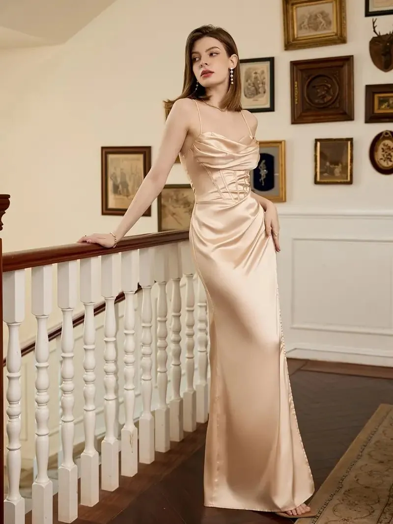 Patrina light gold satin corset open back ball dress Express NZ wide