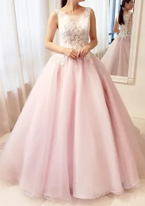 Pearl Pink Ball Gown Bateau Lace Tulle Wedding Party Prom Dress