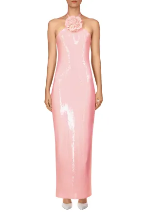 Pink Sequin Halter Gown With Sequin Flower