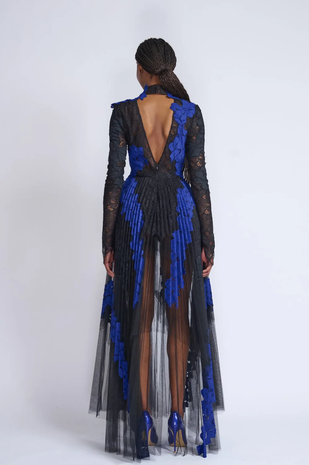 Pleated Tulle Dress with Yves Blue and Onyx Lace Applique