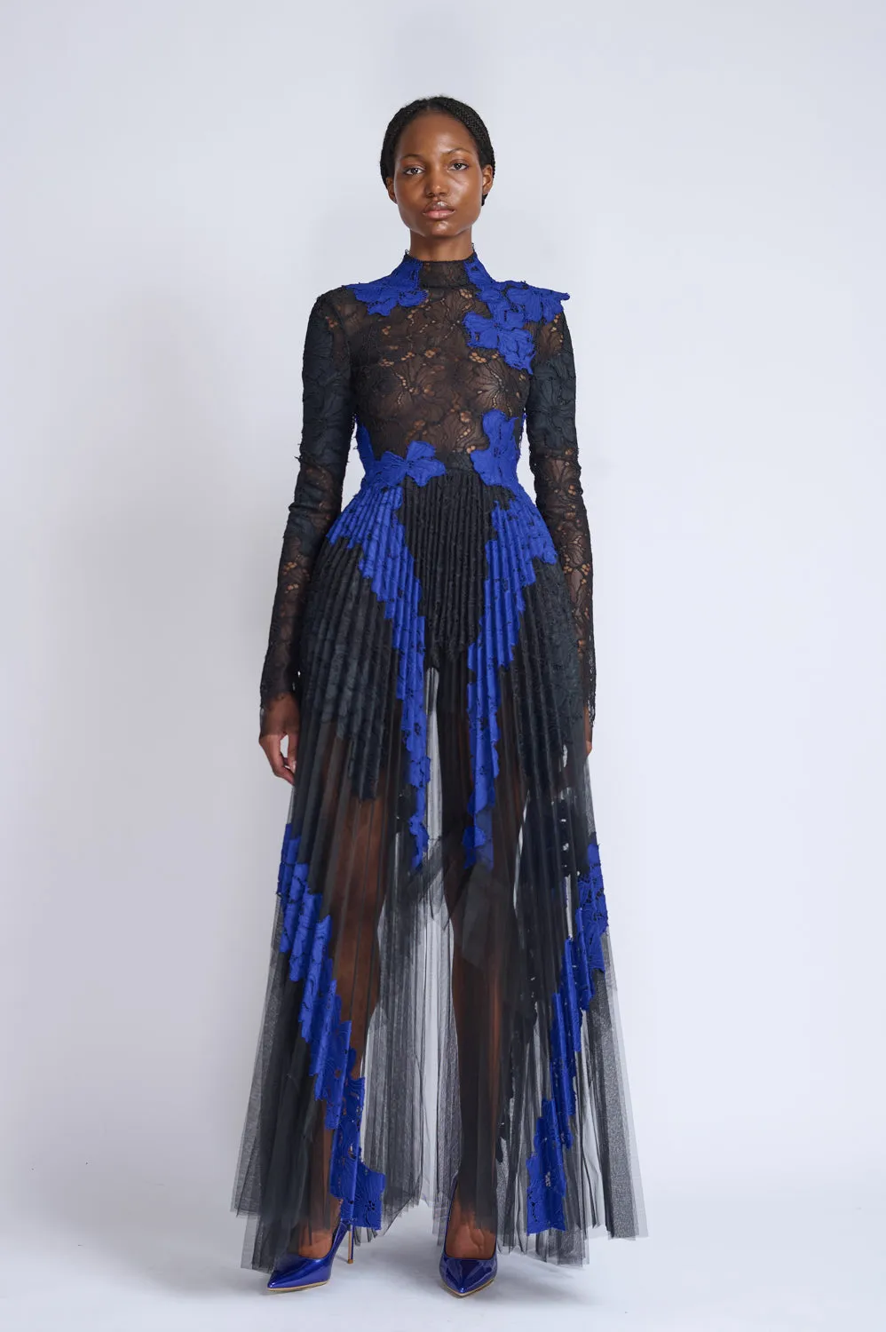 Pleated Tulle Dress with Yves Blue and Onyx Lace Applique