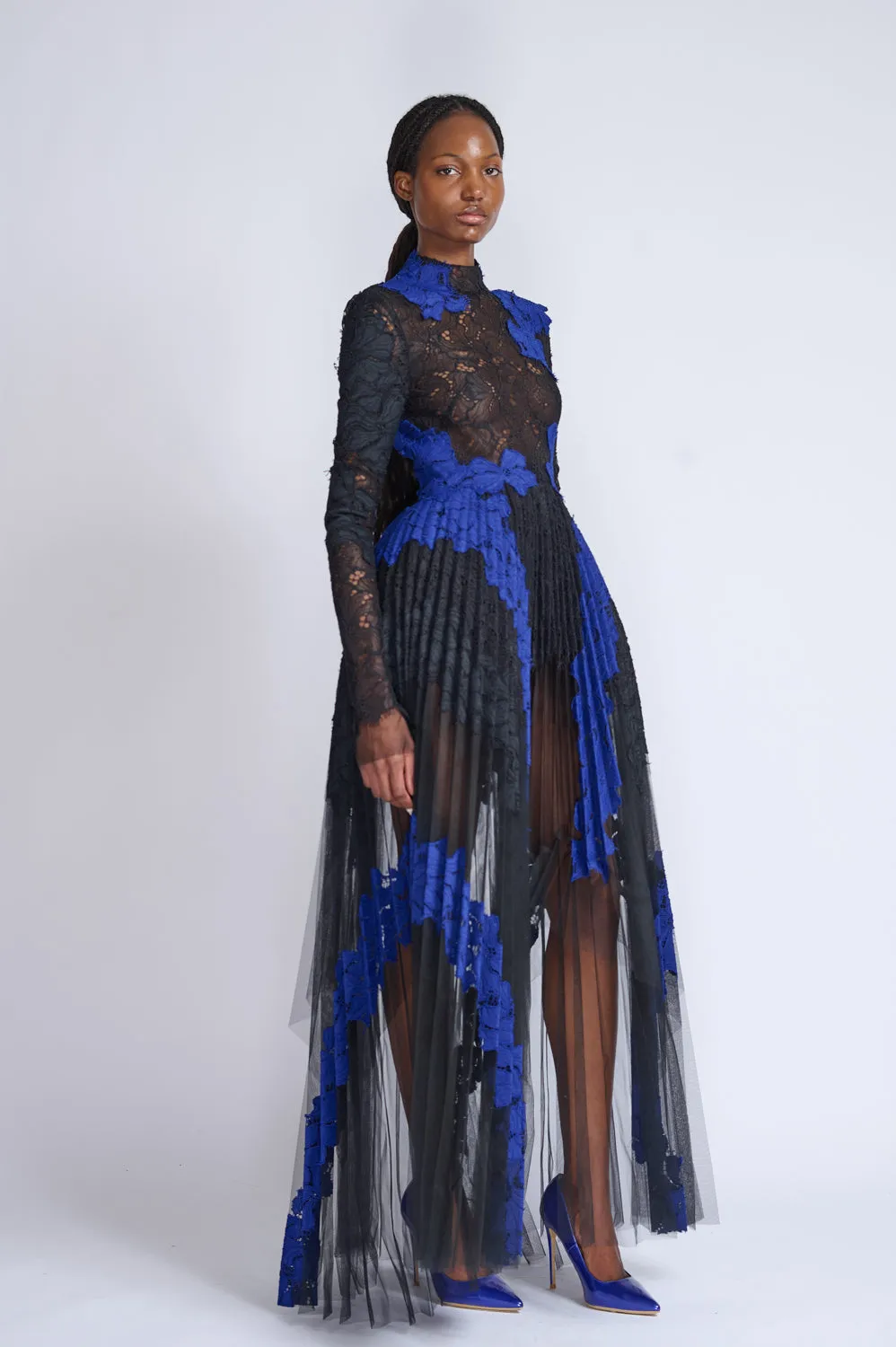 Pleated Tulle Dress with Yves Blue and Onyx Lace Applique