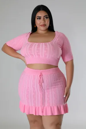 Plus   Curve Knitted Short Sleeve Pink Skirt Set