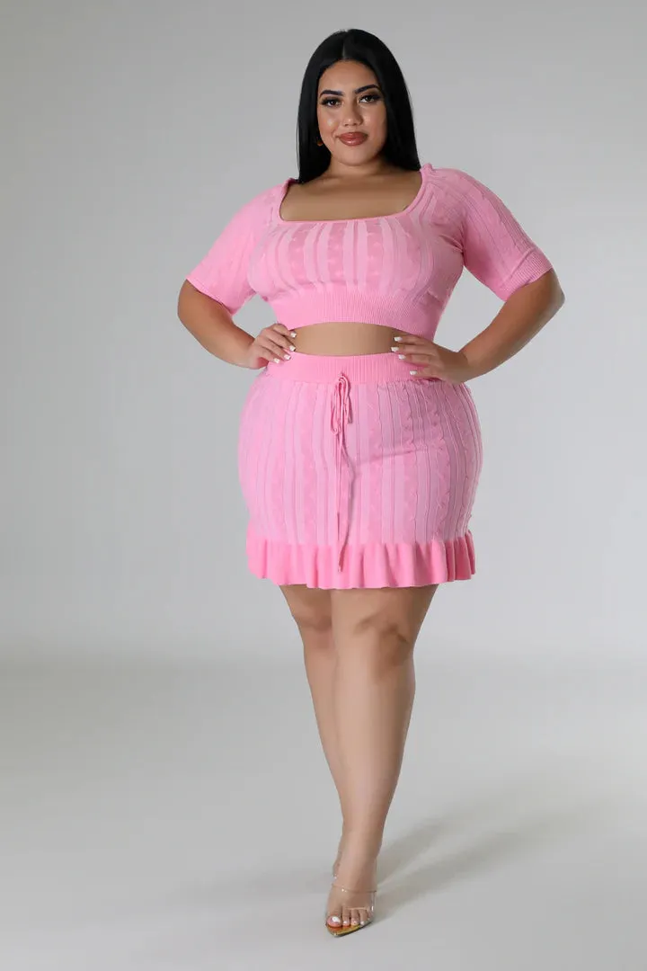 Plus   Curve Knitted Short Sleeve Pink Skirt Set