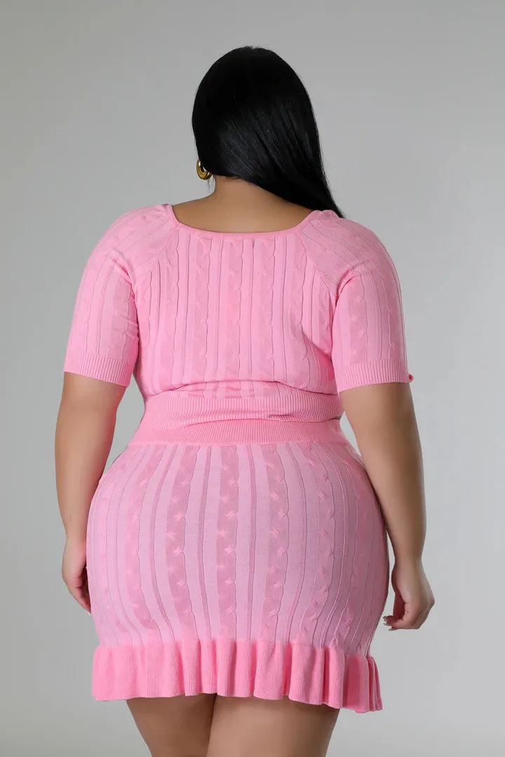 Plus   Curve Knitted Short Sleeve Pink Skirt Set