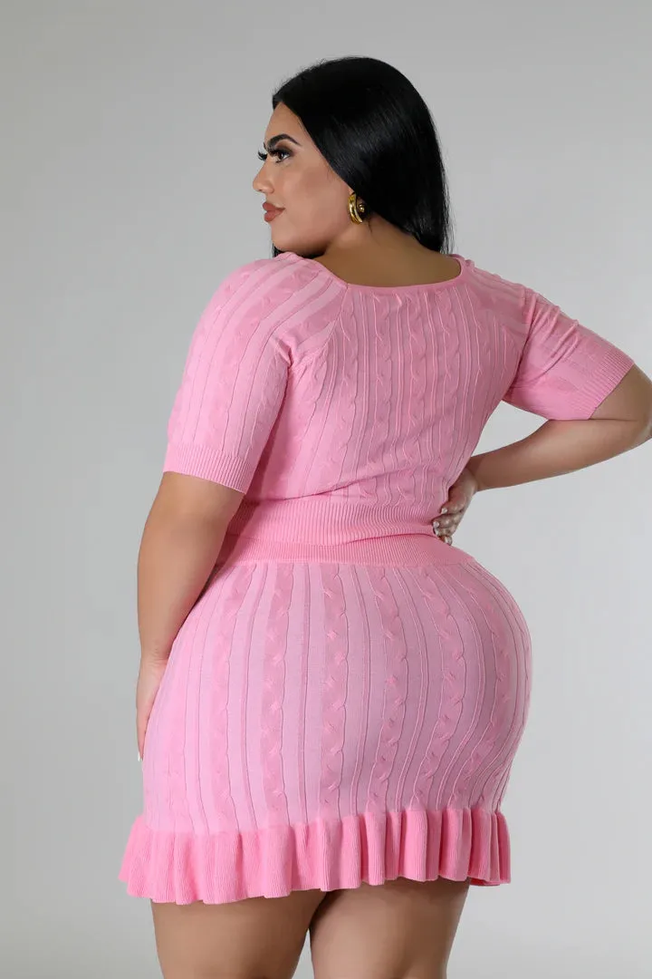 Plus   Curve Knitted Short Sleeve Pink Skirt Set