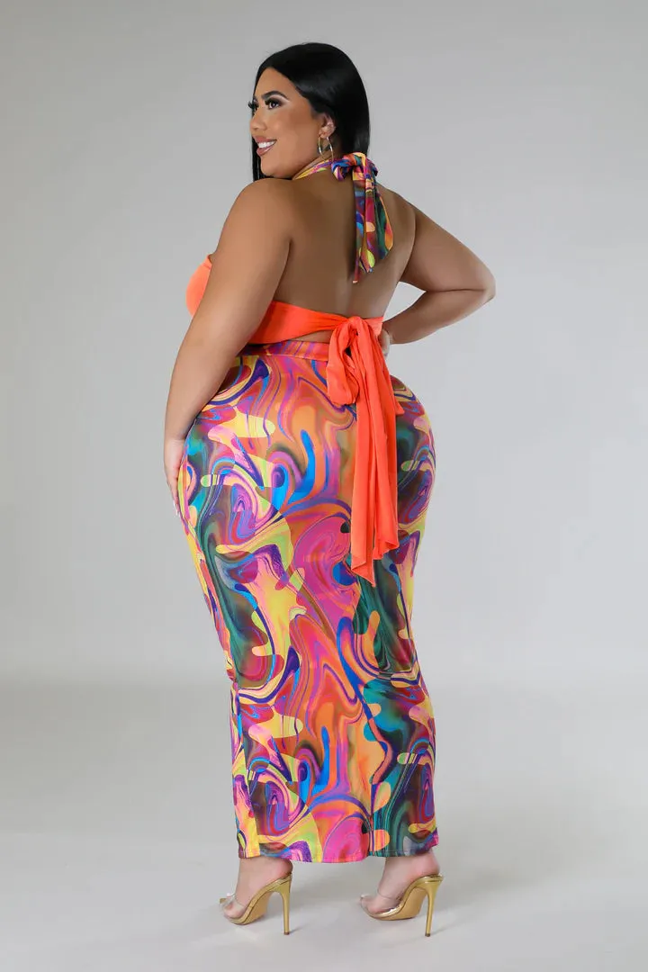 Plus   Curve Sensational Bikini Halter Top Multi-Color Maxi Skirt Set