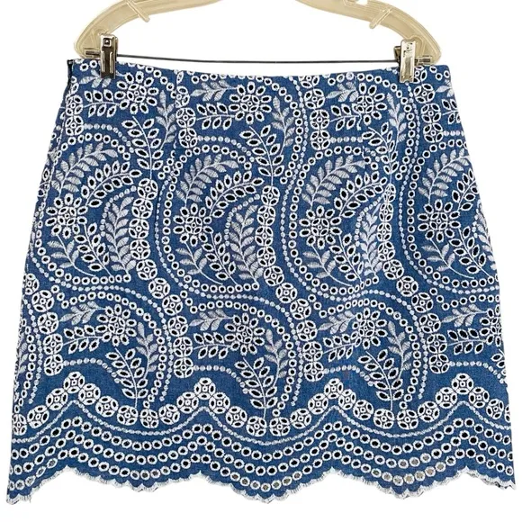 PLUS Loft NWT Blue &amp; White Embroidered Floral Eyelet Scallop Hem Skirt Size 14
