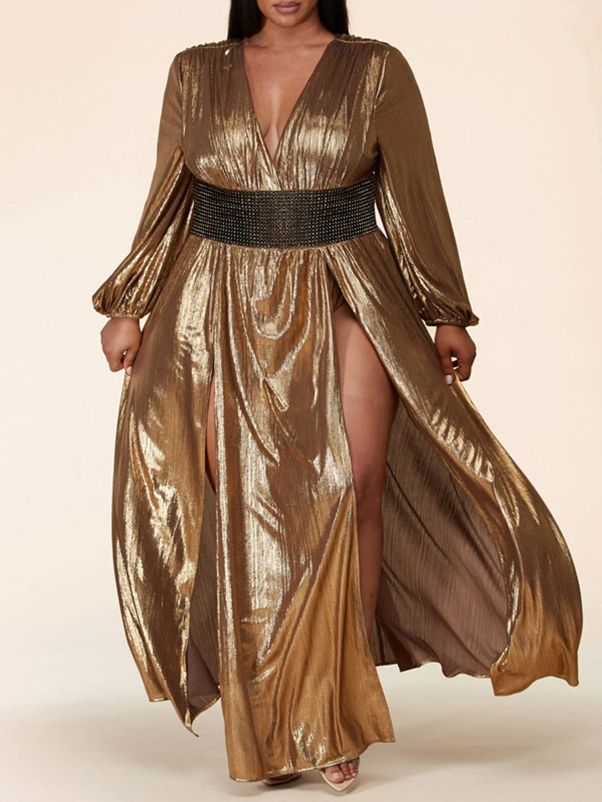 PLUS SIZE LONG SLEEVE V-NECK BELTED SLIT MAXI DRESS