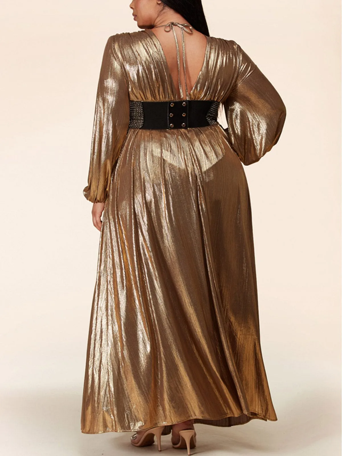 PLUS SIZE LONG SLEEVE V-NECK BELTED SLIT MAXI DRESS