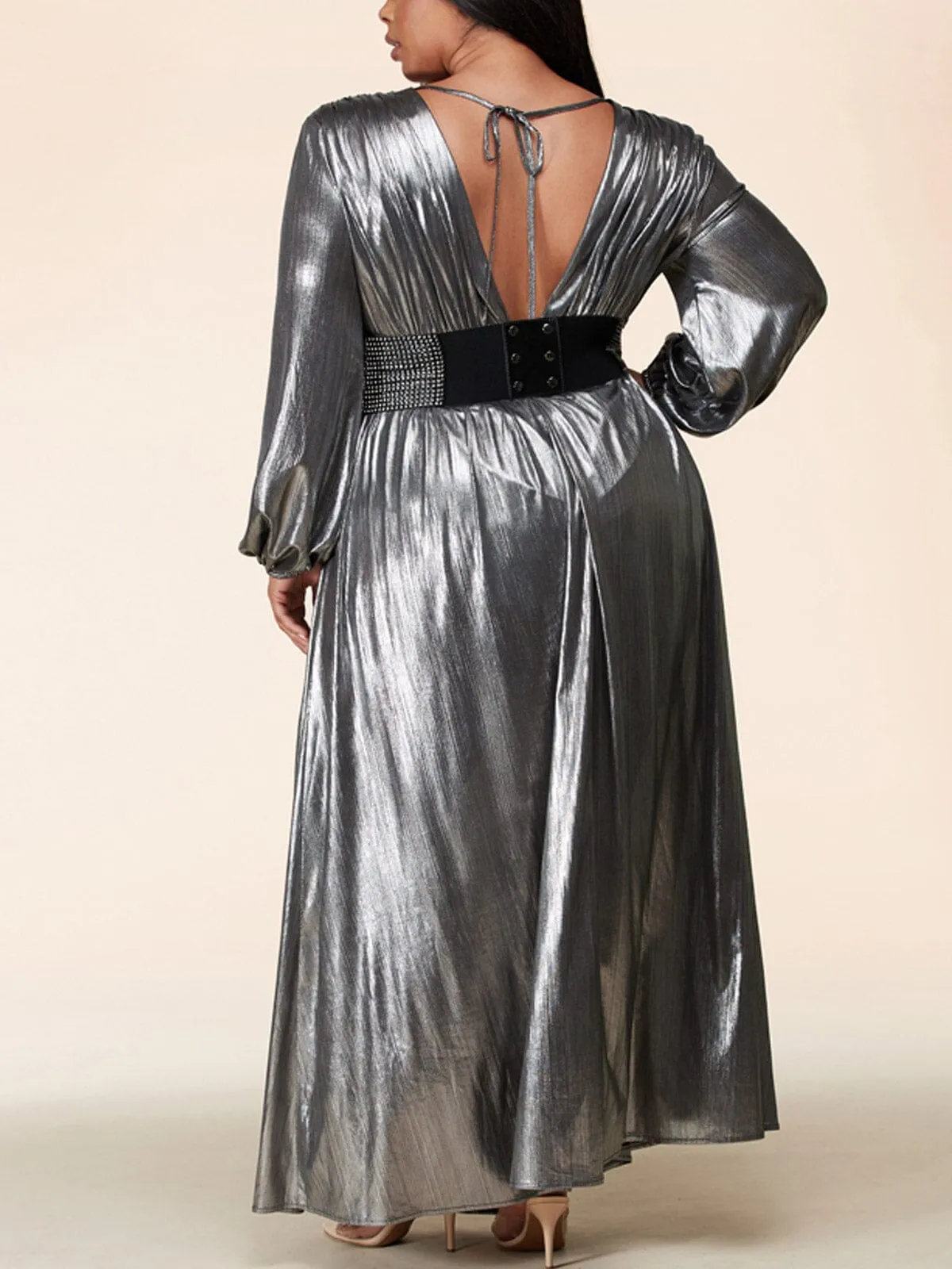 PLUS SIZE LONG SLEEVE V-NECK BELTED SLIT MAXI DRESS