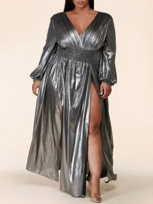 PLUS SIZE LONG SLEEVE V-NECK BELTED SLIT MAXI DRESS