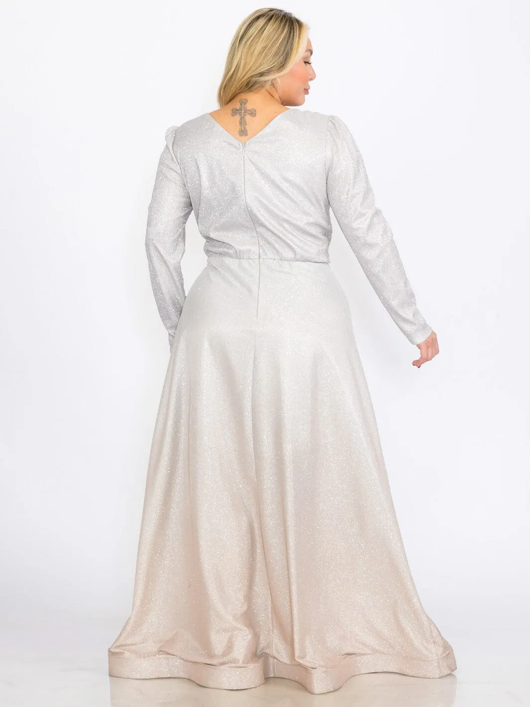PLUS SIZE LONG SLEEVES V-NECK WAIST DETAILED COLORBLOCK SEQUINS MAXI DRESS