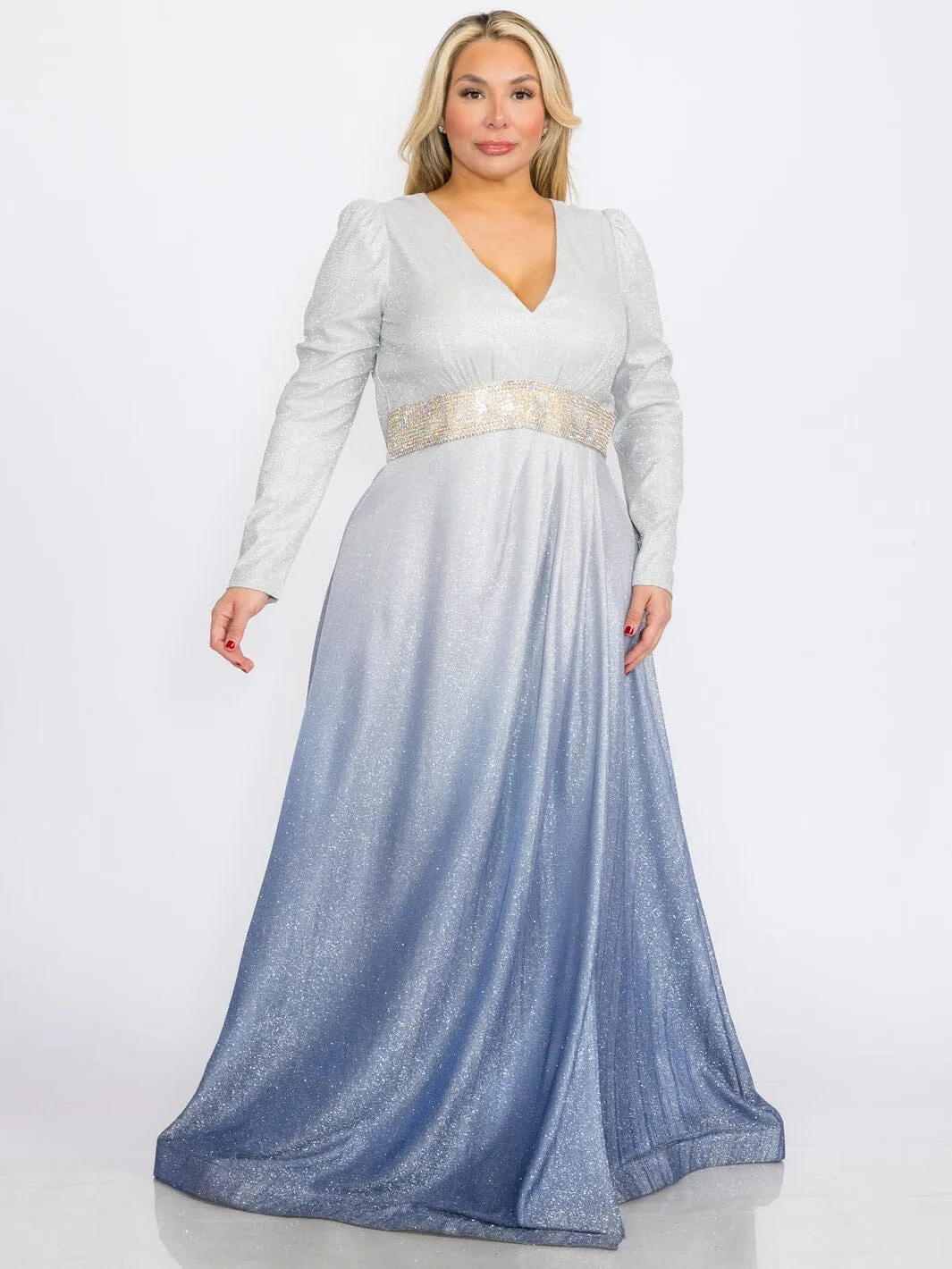 PLUS SIZE LONG SLEEVES V-NECK WAIST DETAILED COLORBLOCK SEQUINS MAXI DRESS