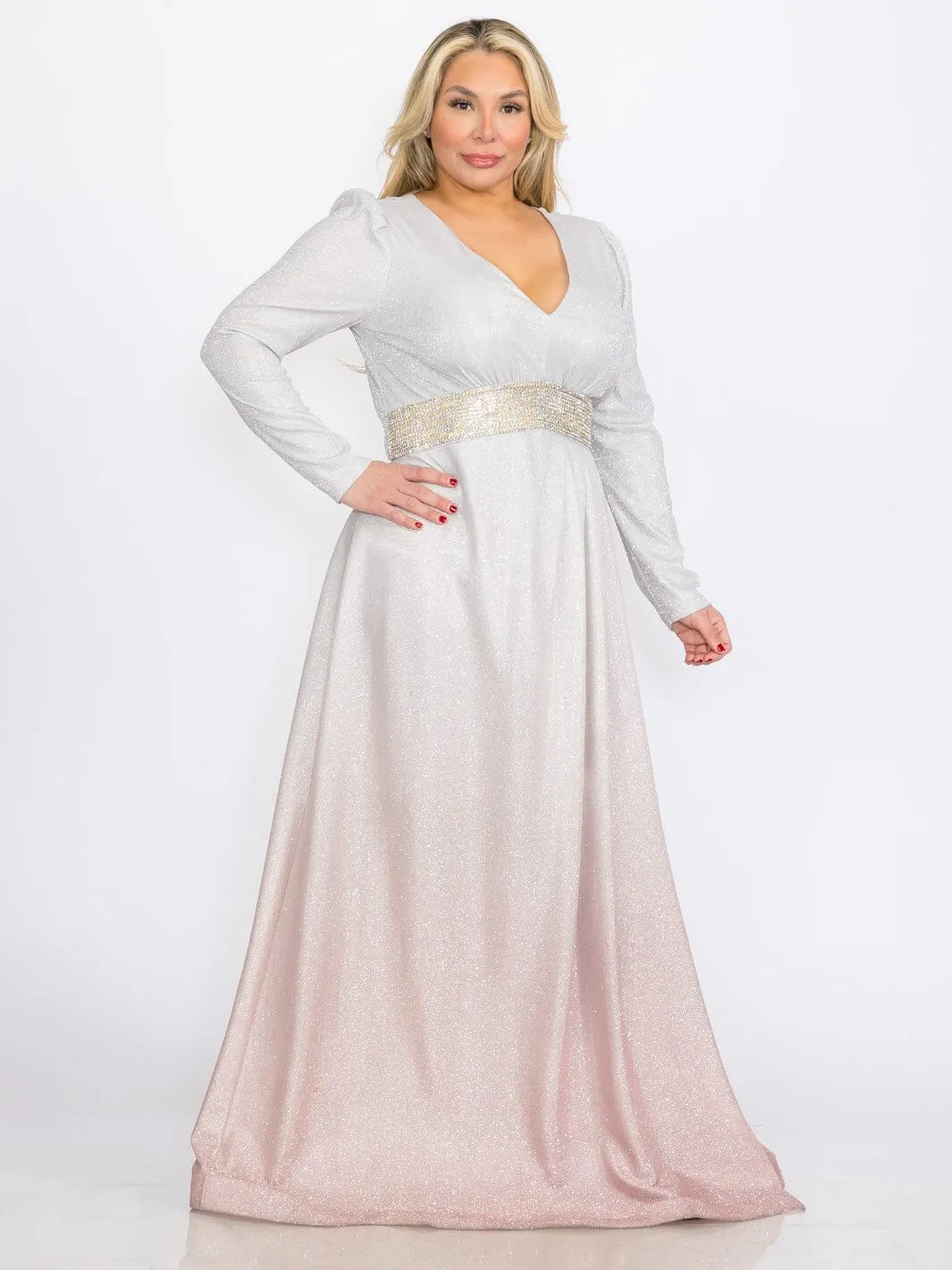PLUS SIZE LONG SLEEVES V-NECK WAIST DETAILED COLORBLOCK SEQUINS MAXI DRESS