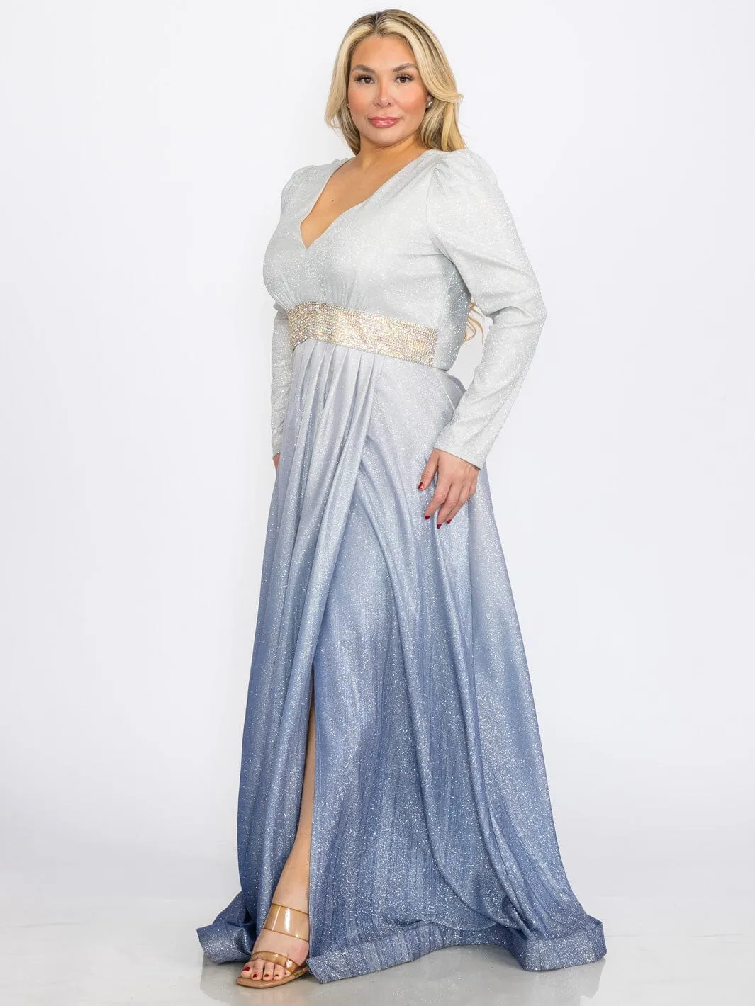 PLUS SIZE LONG SLEEVES V-NECK WAIST DETAILED COLORBLOCK SEQUINS MAXI DRESS